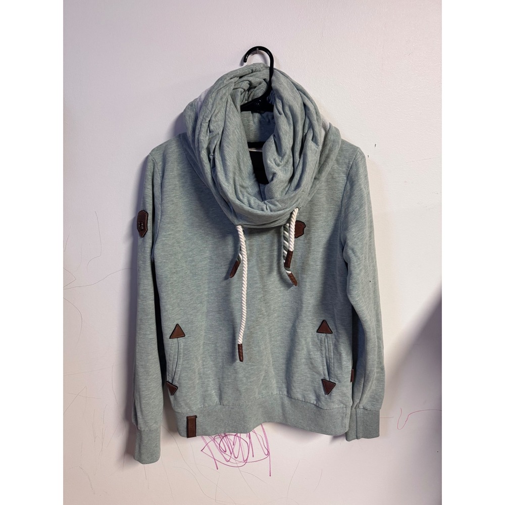 Naketano Women's Cozy Cowl Neck Hoodie Light Blue Grey Leather Accents Size L